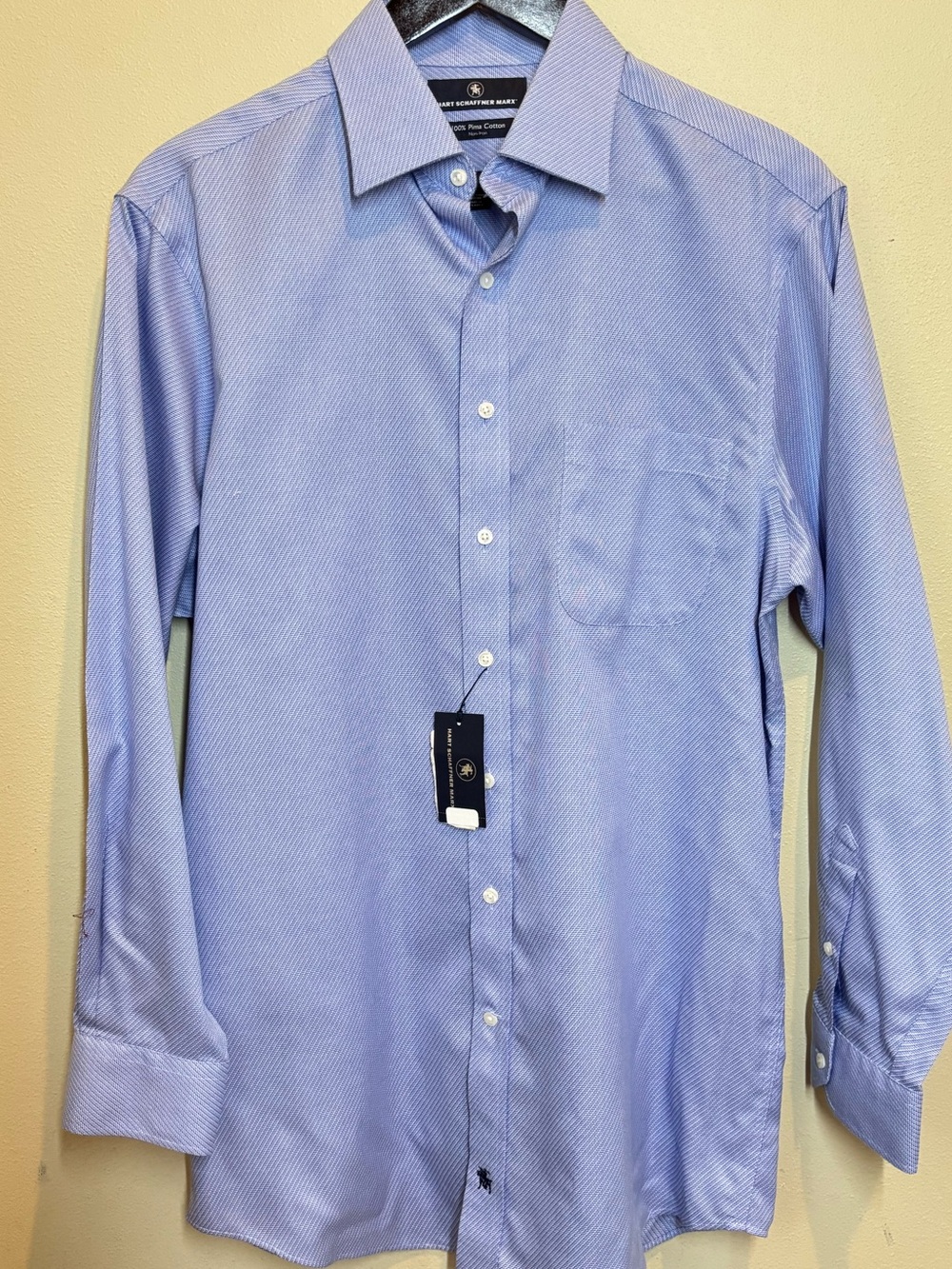 Hart Shaffner Marx 100% Pima cotton dress shirt, light blue, non iron, 15 1/2